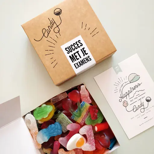 Gepersonaliseerd snoepdoosje 'Succes met je examens!' (gemengd 450 gram)