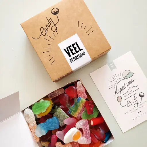 Gepersonaliseerd snoepdoosje 'Veel beterschap' (gemengd 450 gram)